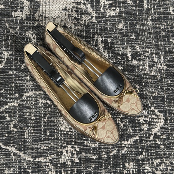 Vintage Coach Womens Ballet Flats Gold Metallic Leather Jacquard Designer 9.5 B - Picture 1 of 10